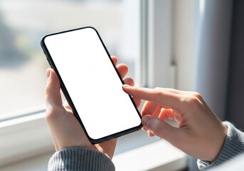 Person holding a smartphone with a blank screen in a business meeting setting, ideal for app or website mockups