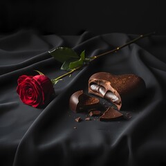 A single red rose with a long green stem lies on a dark silky fabric. 