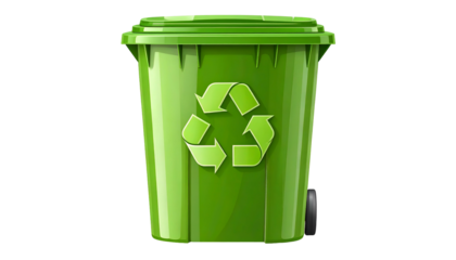Green bin w/ recycling symbol on a black background, no text or logo
