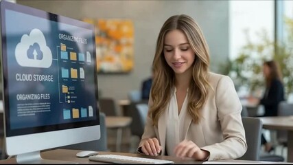 Cloud computing dashboard on office computer | Businesswoman using cloud technology interface | Digital data management and cloud services concept - Powered by Adobe