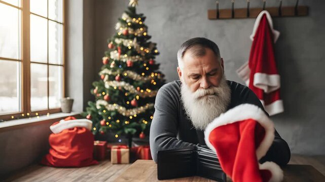 A sad man with a gray beard and a gray sweater, sitting at a table, looks at his empty wallet and removes his Santa hat. Santa's bankruptcy.