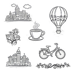 Collection of whimsical cityscapes hot air balloon bicycle and coffee cup sketches.