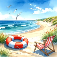Naklejka premium Cartoon beach scene with gulls, waves, and a lifeguard float