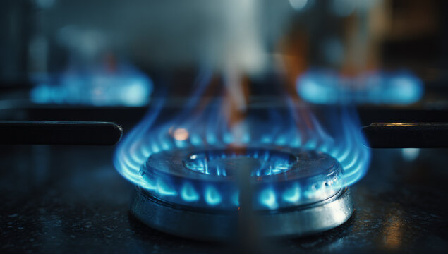 A blue gas flame from a kitchen stove burner with vibrant blue hues and glowing heat patterns