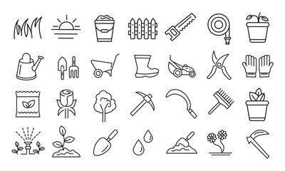 Naklejka premium Gardening and Flower Editable Stroke Outline Icons Set – Flat Vector Illustration,Garden Care and Flower Line Icons – Flat Editable Stroke Vector