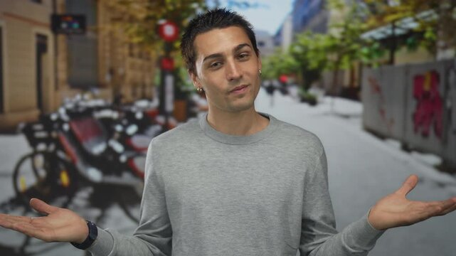 Young hispanic man in gray sweater standing on urban street gesturing with both hands, surrounded by cityscape and vibrant outdoor scene, expressing inquisitive attitude.