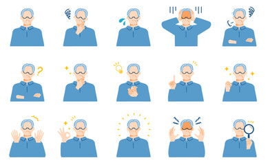 シニア世代の男性の悩みや喜びなどの表情イラストセット。フラットデザイン。