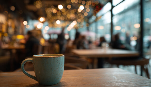 A ceramic coffee mug with textured surface and warm brown glaze on a wooden table in a cozy cafe setting - Powered by Adobe