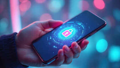 Person holds smartphone with glowing pink padlock icon signifying digital security. Data protection, cybersecurity and access control concept on futuristic background.