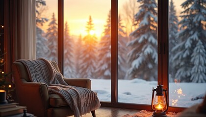 Cozy armchair draped with knitted blanket sits by large window. Snow covered forest outside, golden sunset creates warm glow indoors. Lantern adds ambiance.