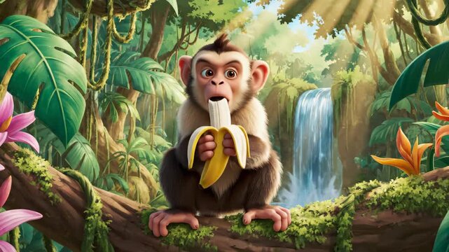 Cartoon Monkey Eating Banana in Jungle Waterfall Landscape
