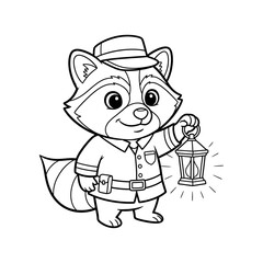 Fototapeta premium Cute Raccoon Park Ranger Holding a Lantern Coloring Page.
