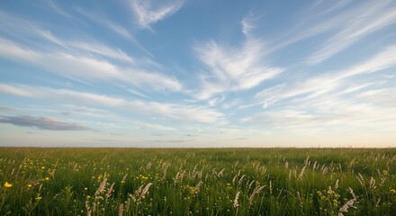 Vast meadow of lush green grass under a dynamic, cloud-filled sky at sunset