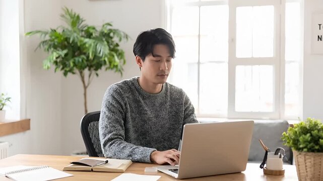 明るく清潔感のある白背景または室内空間で、ノートパソコンを使って働く日本人男性