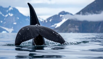 Fototapeta premium Orca Whale Tail Emerging from Ocean Surface with Snowy Mountain Backdrop.