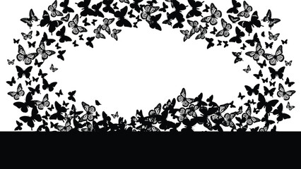 Black silhouette butterfly frame border, flying insects pattern, decorative nature background isolated on white vector illustration design concept art template