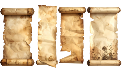Four antique scrolls showing aged, stained, and distressed paper textures