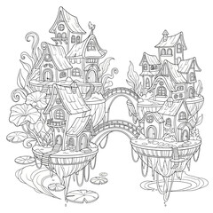 Fantasy Floating Village with Whimsical Houses and Bridges.