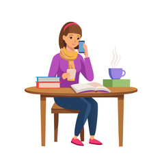 Young woman with brown hair in a pink clothes and purple scarf sitting at the table with a cup of tea and books with telephone in her hand. A student girl. Vector illustration.
