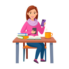 Young woman with brown hair in a pink clothes and purple scarf sitting at the table with a cup of tea and books with telephone in her hand. A student girl. Vector illustration.
