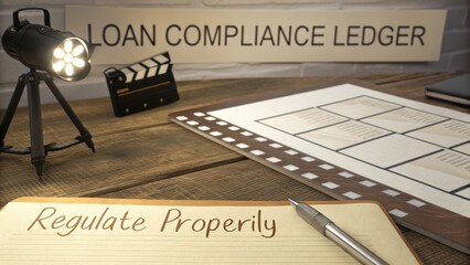 Business desk with loan compliance ledger, film reel, spotlight, and notebook emphasizing regulation and proper procedures in finance