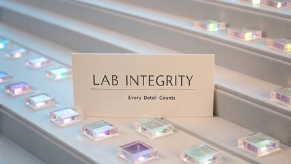 Business card on a modern surface with colorful crystals representing professionalism and attention to detail in a lab setting