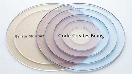 Abstract concept of genetic structure showcasing layers, symbols of life, and creation with text in artistic arrangement