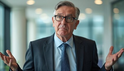 Fototapeta premium Elderly businessman with glasses shrugs with hands raised in office setting. Represents confusion doubt uncertainty or lack of knowledge about business or finance matters.