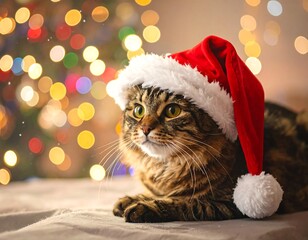 Cat wearing Santa hat posed with Christmas tree lights in background