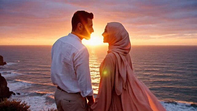 P118-moslem couple in the sunset seamless looping video animated background 4K 10s