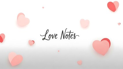Scattered Pink Hearts with Love Notes on a White Background