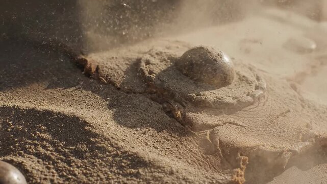 Extreme slow motion close-up emphasizing the texture of ancient, worn leather armor or a shield plate as sand and dust particles relentlessly strike the resolute surface dramatic, dry, armor