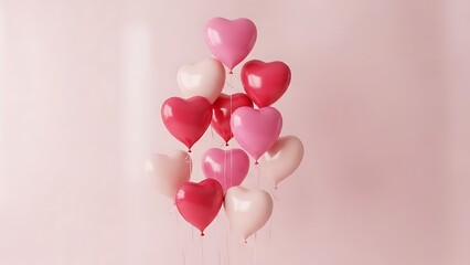 Cluster of heart-shaped balloons in various shades of pink and red floating against a soft pastel background
