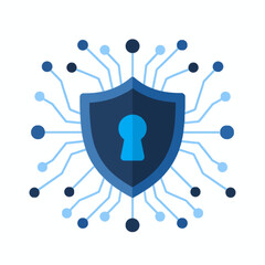 Abstract illustration of a blue shield with a keyhole, symbolizing digital security and data protection within a connected network.