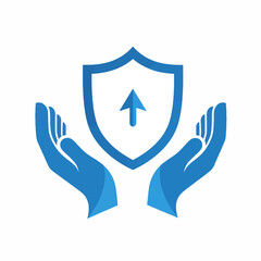 Blue hands cradling a shield with an upward arrow, symbolizing protection, security, and growth.