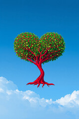 赤いハートツリーで作るロマンチックな縦背景イメージ素材. 生成AI