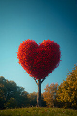 赤いハート形の木が象徴する愛と記念日のロマンチック縦背景. 生成AI