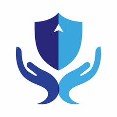A stylized graphic of two cupped hands supporting a shield divided into two shades of blue, with an upward arrow on the shield.