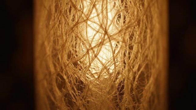 Extreme slow motion close-up emphasizing warm light diffusion through a cylindrical translucent wall fixture and highlighting the fine texture of the material mood, upscale setting, illumination