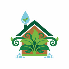 A stylized illustration of a house with green foliage and a water droplet on its roof, symbolizing eco-friendly living.