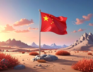 Chinese flag waving proudly in a desert with mountains at sunset