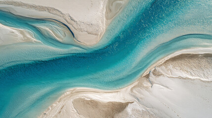 Obraz premium A flowing river with intricate, winding patterns showcasing vibrant blue water contrasting with sandy banks and textured riverbed