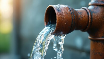 Clear water streams from a rusty copper pipe. Liquid flows over the pipe surface, creating droplets and splashes. Outdoor plumbing detail shows wet metallic texture. Freshness and motion.