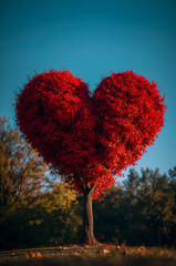 愛と感謝を伝える赤いハート型の樹を描いた縦イメージ. 生成AI