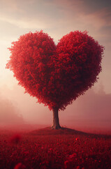 愛の象徴ハート型の木を赤で表現した縦ポスター風背景. 生成AI