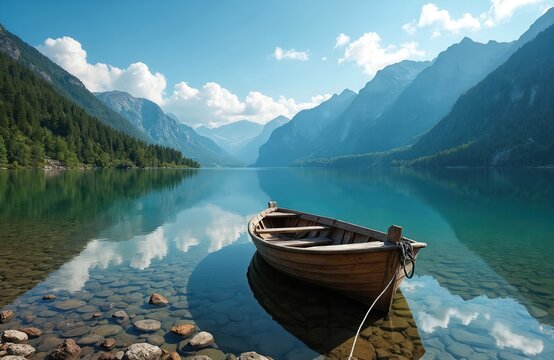 Wooden rowboat floats on clear blue lake water. Steep green forest mountain slopes reflect in calm water. Sunny sky with clouds over landscape. Peaceful scenery.
