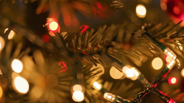 Extreme slow motion close-up focusing on shimmering golden and red decorative string lights wrapped around a pine Christmas tree creating a vibrant, abstract bokeh effect wrapped, extreme, decoration