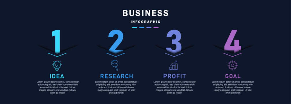 Vector Infographic arrow design with 4 options or steps. Infographics for business concept on dark background