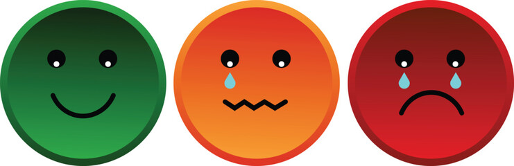 Fototapeta premium Three colorful emoji faces depicting a range of emotions from happy to sad, used for feedback or mood tracking.