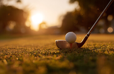A golf ball being struck by a club on a lush green grass golf course during sunset